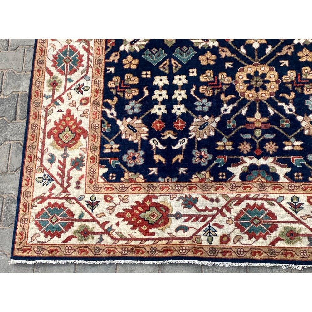 Contemporary Handmade Wool Area Rug, Navy Blue Floral Patterned Carpet for Living Room