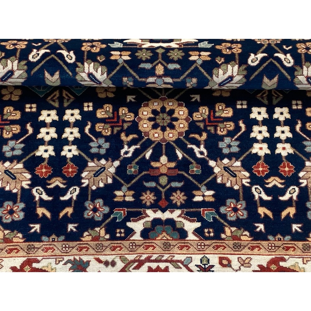 Contemporary Handmade Wool Area Rug, Navy Blue Floral Patterned Carpet for Living Room