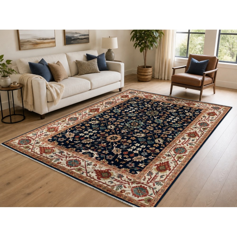 Contemporary Handmade Wool Area Rug, Navy Blue Floral Patterned Carpet for Living Room