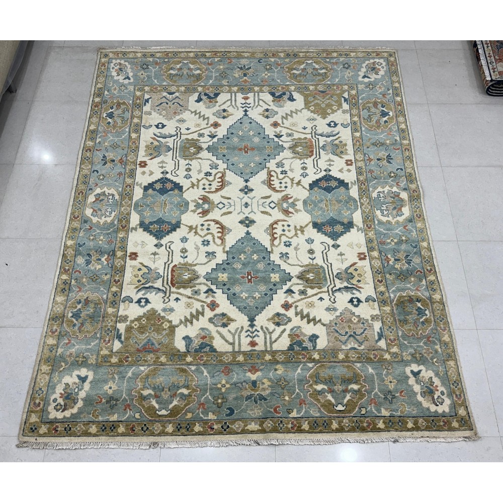 Contemporary Handmade Wool Area Rug, Ivory and Blue Floral Design Carpet for Living Room