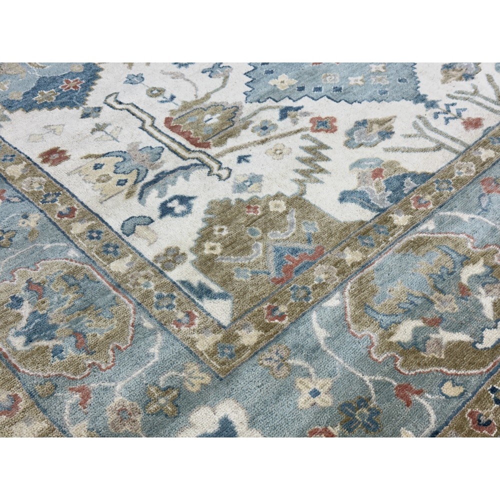 Contemporary Handmade Wool Area Rug, Ivory and Blue Floral Design Carpet for Living Room