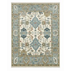 Contemporary Handmade Wool Area Rug, Ivory and Blue Floral Design Carpet for Living Room