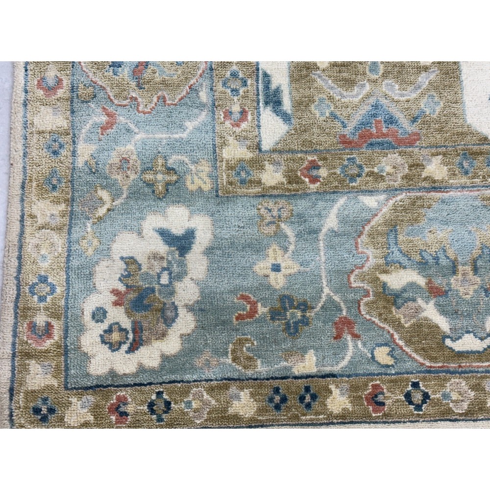 Contemporary Handmade Wool Area Rug, Ivory and Blue Floral Design Carpet for Living Room