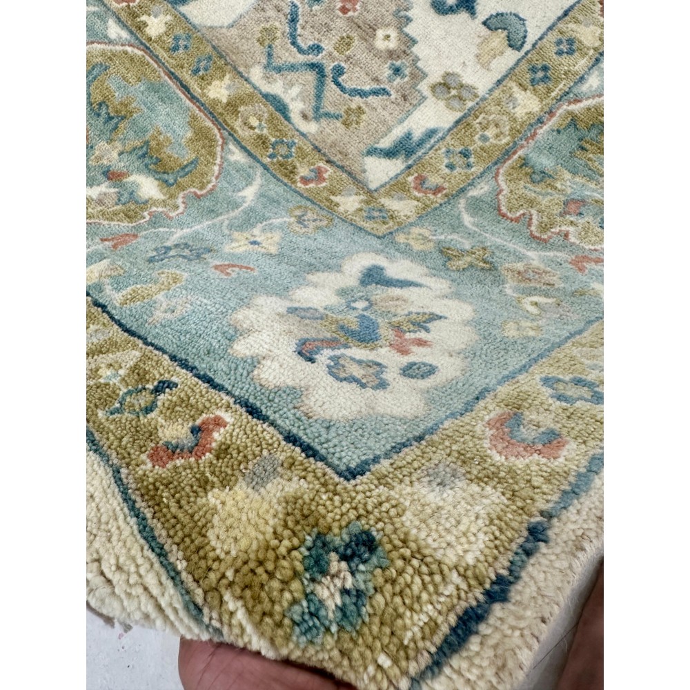 Contemporary Handmade Wool Area Rug, Ivory and Blue Floral Design Carpet for Living Room