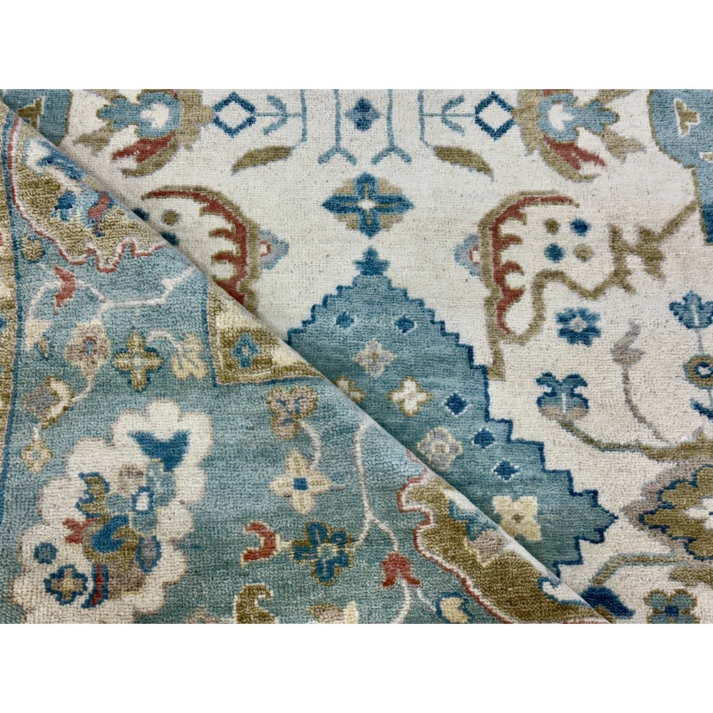 Contemporary Handmade Wool Area Rug, Ivory and Blue Floral Design Carpet for Living Room