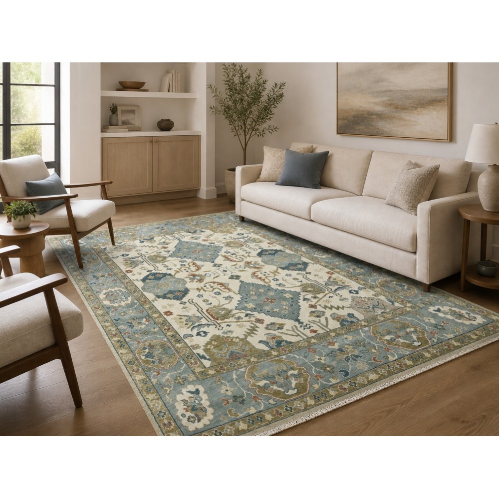 Contemporary Handmade Wool Area Rug, Ivory and Blue Floral Design Carpet for Living Room