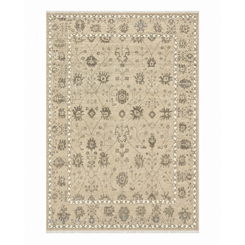 Hand-Knotted Wool Area Rug, Beige Floral Design Carpet for Living Room