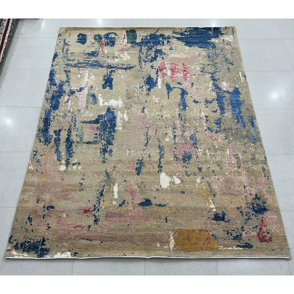 Hand-Knotted Wool Area Rug, Abstract Beige and Blue Modern Carpet for Living Room