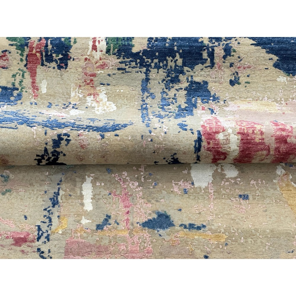 Hand-Knotted Wool Area Rug, Abstract Beige and Blue Modern Carpet for Living Room