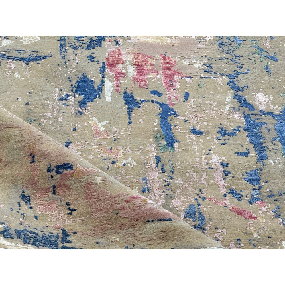 Hand-Knotted Wool Area Rug, Abstract Beige and Blue Modern Carpet for Living Room
