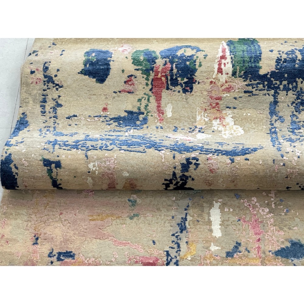 Hand-Knotted Wool Area Rug, Abstract Beige and Blue Modern Carpet for Living Room