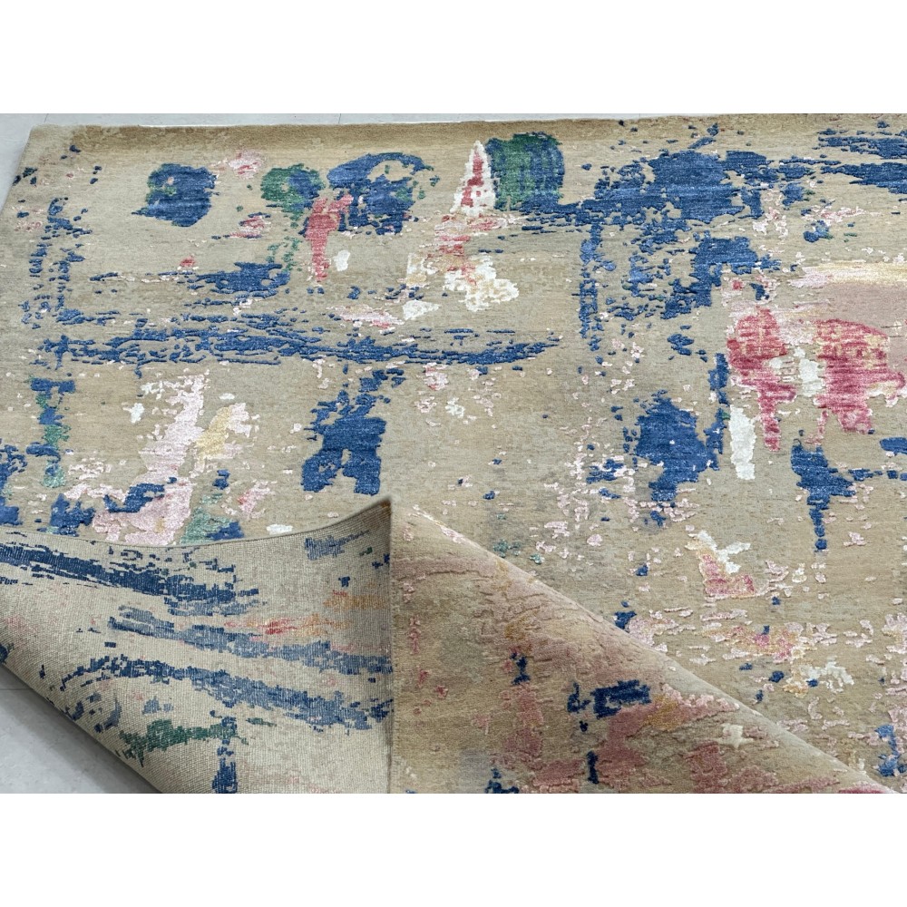 Hand-Knotted Wool Area Rug, Abstract Beige and Blue Modern Carpet for Living Room