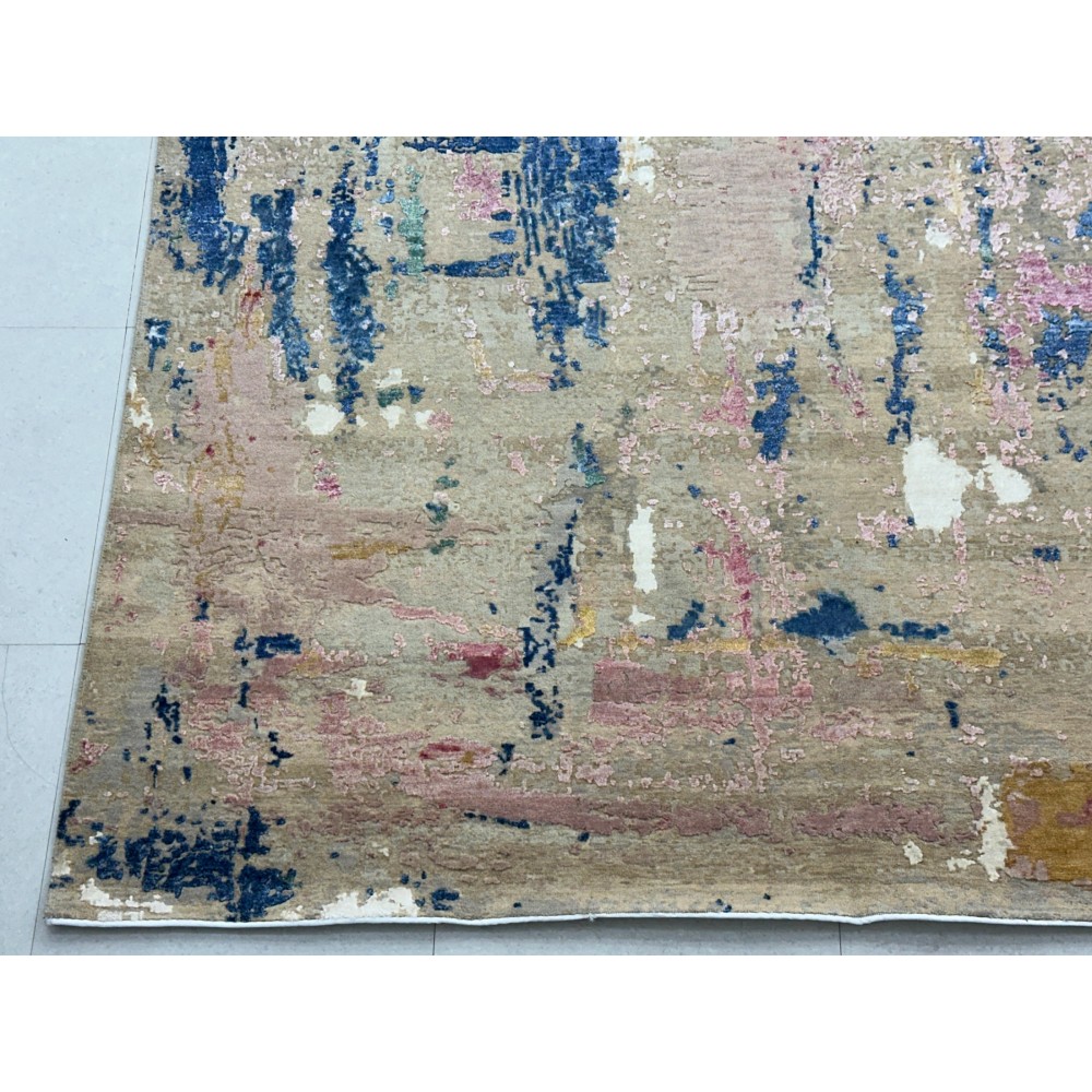 Hand-Knotted Wool Area Rug, Abstract Beige and Blue Modern Carpet for Living Room