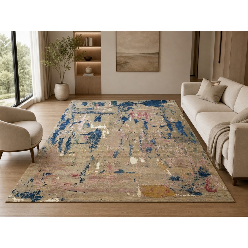 Hand-Knotted Wool Area Rug, Abstract Beige and Blue Modern Carpet for Living Room
