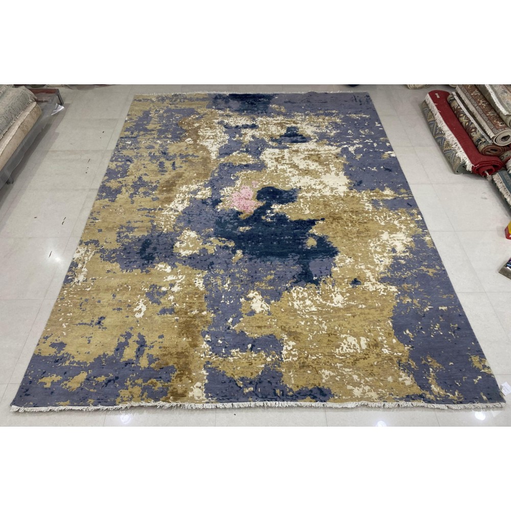 Hand-Knotted Wool Area Rug, Abstract Blue and Beige Modern Carpet for Living Room
