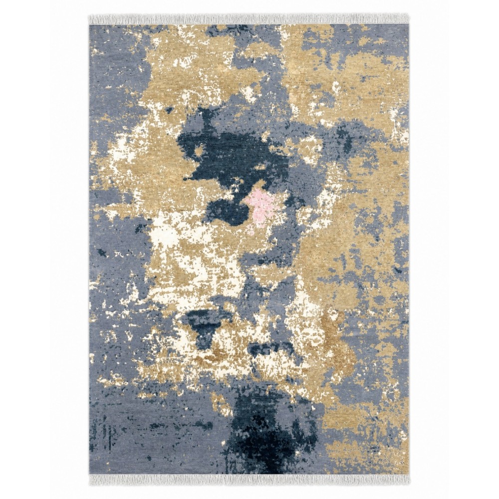 Hand-Knotted Wool Area Rug, Abstract Blue and Beige Modern Carpet for Living Room