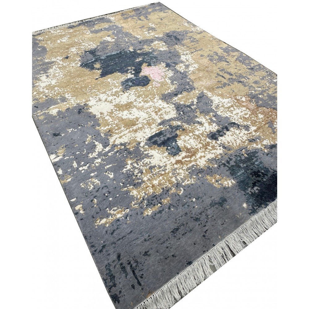 Hand-Knotted Wool Area Rug, Abstract Blue and Beige Modern Carpet for Living Room