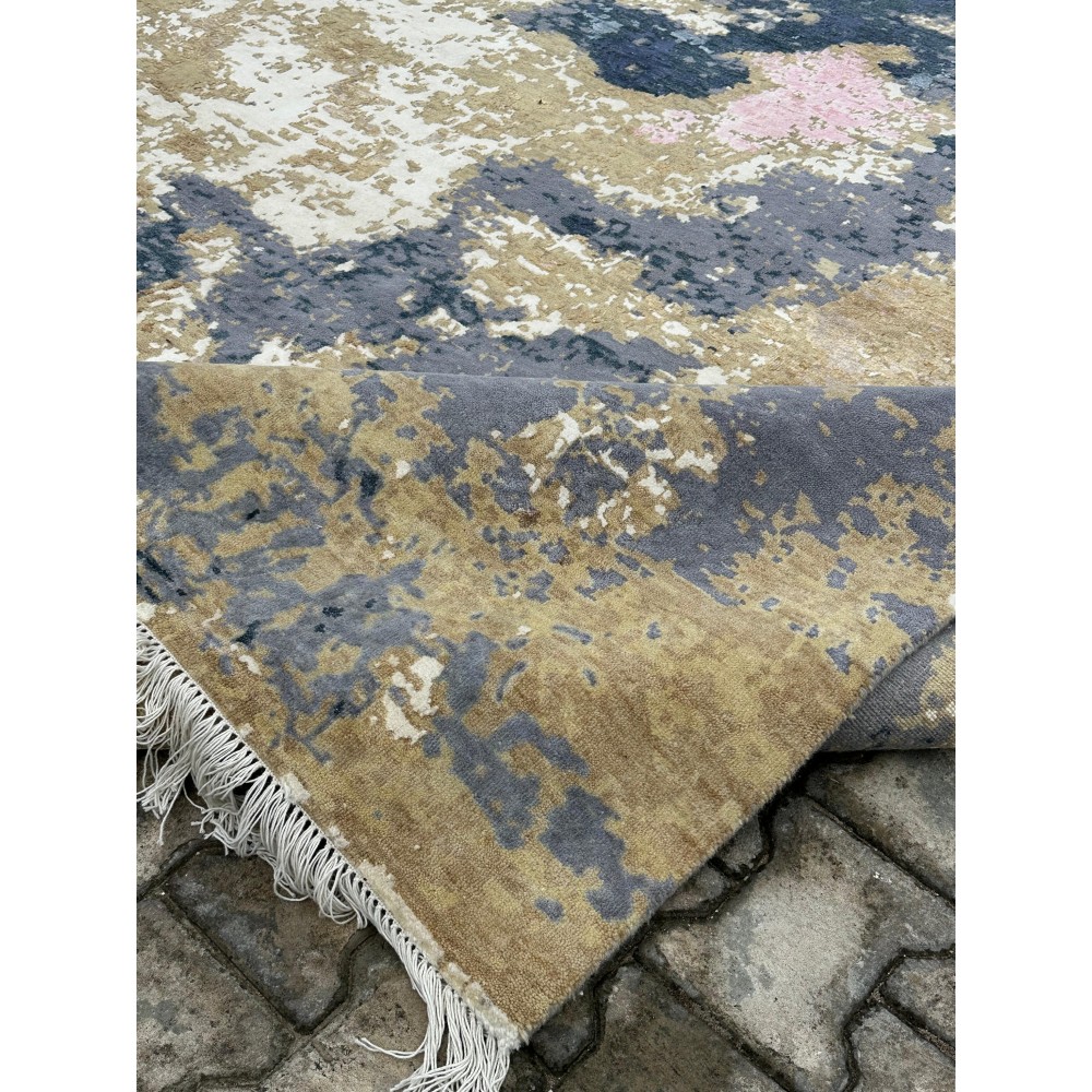 Hand-Knotted Wool Area Rug, Abstract Blue and Beige Modern Carpet for Living Room