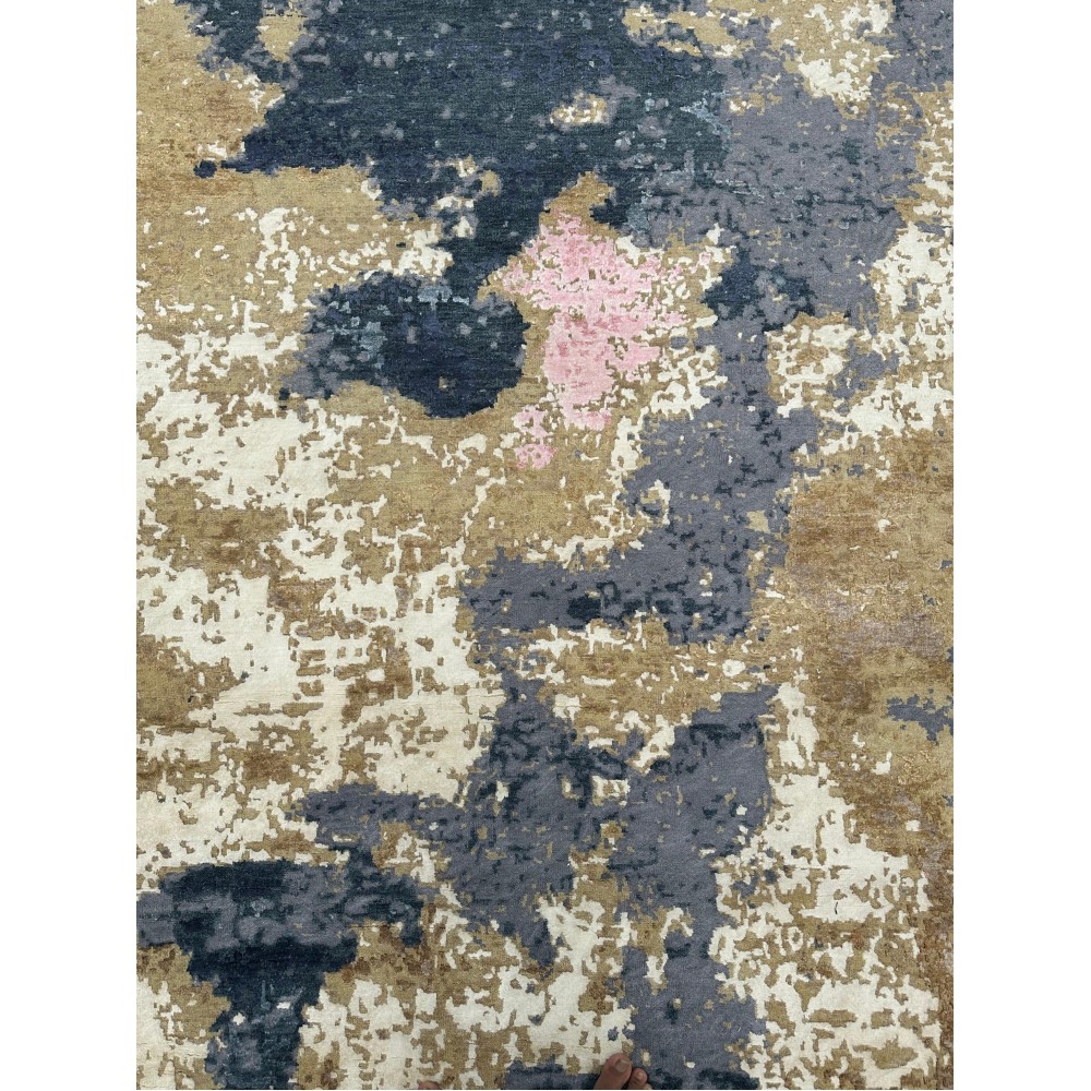 Hand-Knotted Wool Area Rug, Abstract Blue and Beige Modern Carpet for Living Room