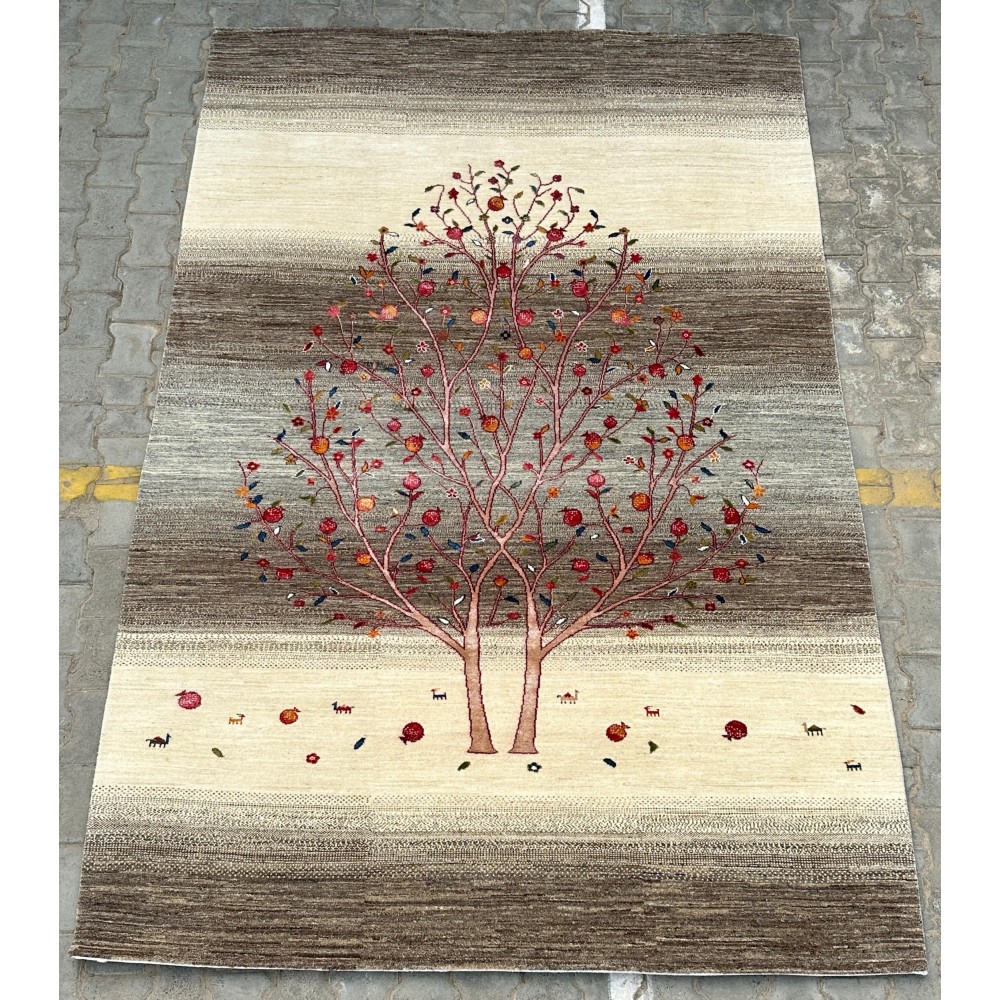 Hand-Knotted Wool Area Rug for Living Room, Tree Design Beige and Brown Carpet Hand-Knotted Wool Area Rug for Living Room, Tree Design Beige and Brown Carpet