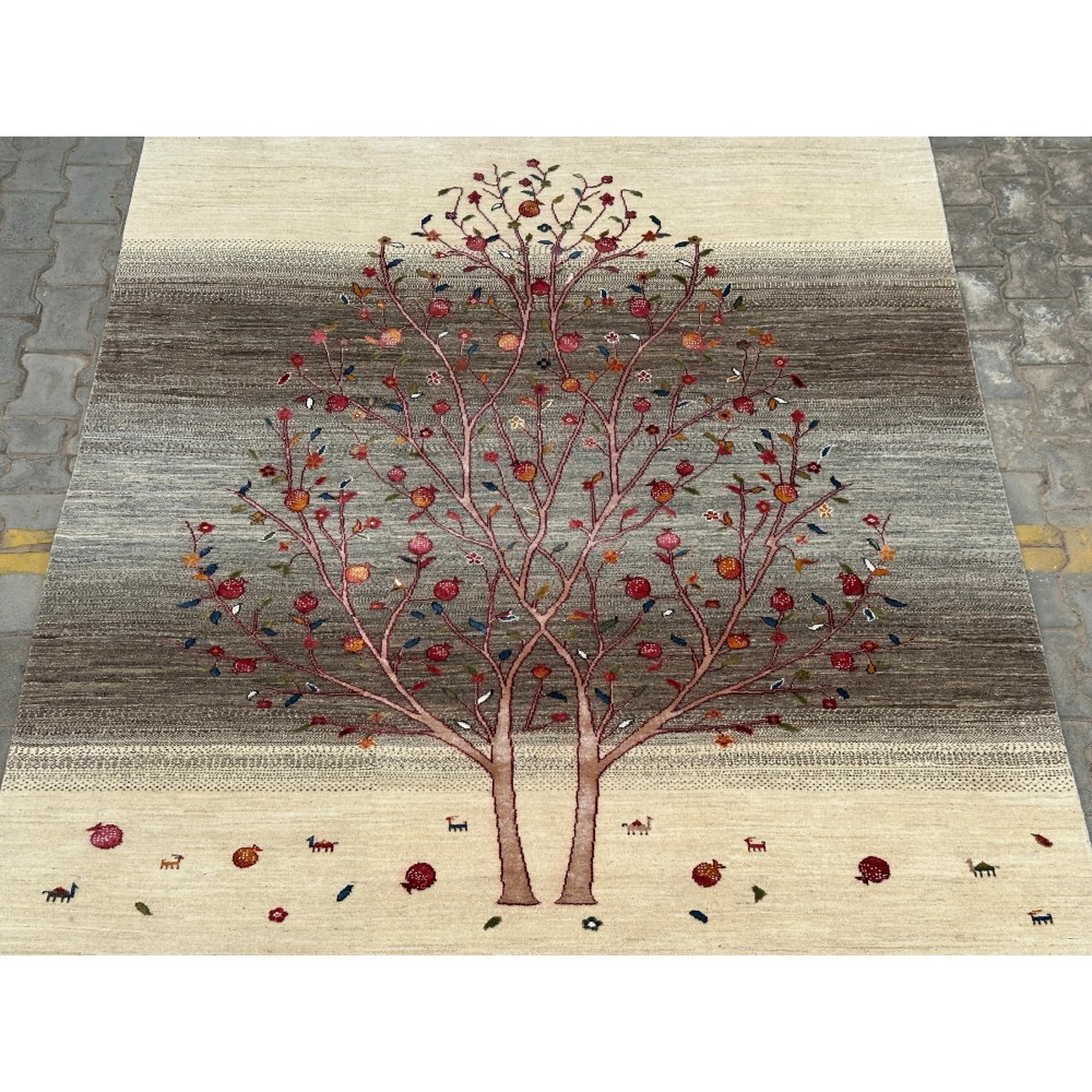 Hand-Knotted Wool Area Rug for Living Room, Tree Design Beige and Brown Carpet Hand-Knotted Wool Area Rug for Living Room, Tree Design Beige and Brown Carpet
