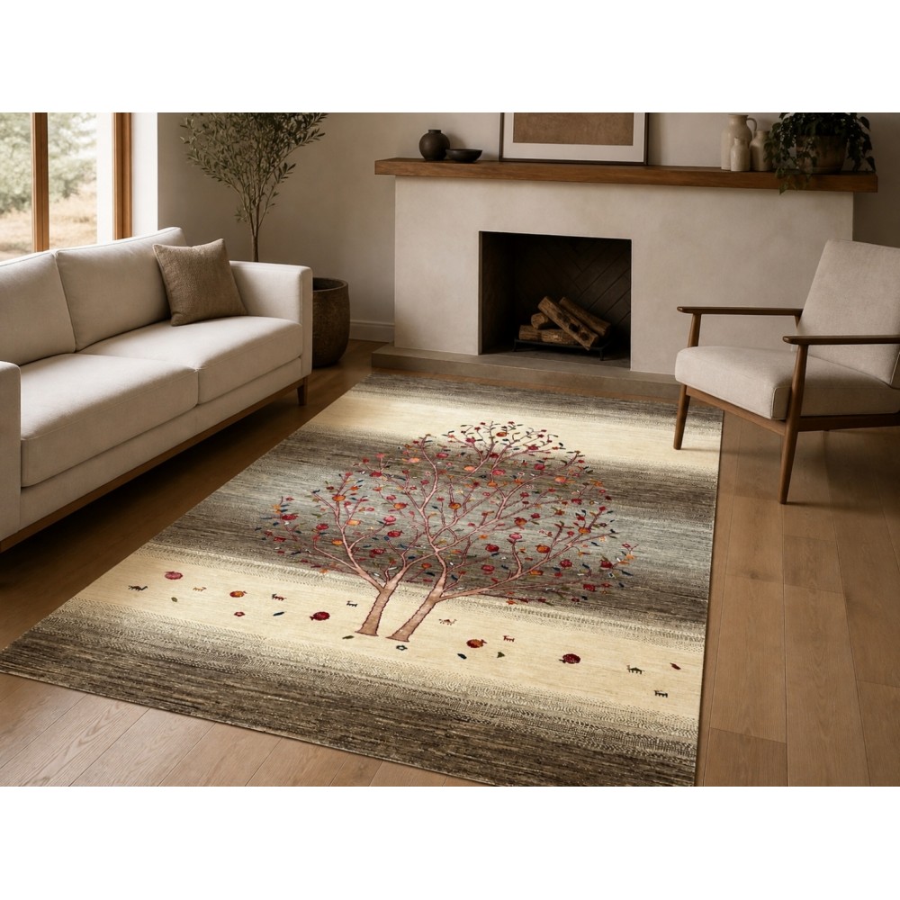 Hand-Knotted Wool Area Rug for Living Room, Tree Design Beige and Brown Carpet Hand-Knotted Wool Area Rug for Living Room, Tree Design Beige and Brown Carpet
