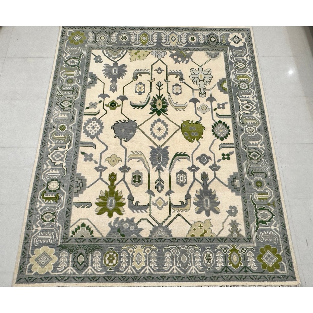 Hand-Knotted Large Area Rug for Home Decor, Oushak Green Floral Design Wool Carpet Hand-Knotted Large Area Rug for Home Decor, Oushak Green Floral Design Wool Carpet