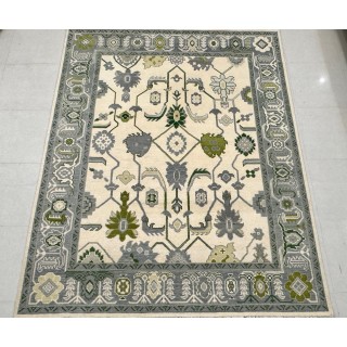 Hand-Knotted Large Area Rug for Home Decor,  Oushak Green Floral Design Wool Carpet