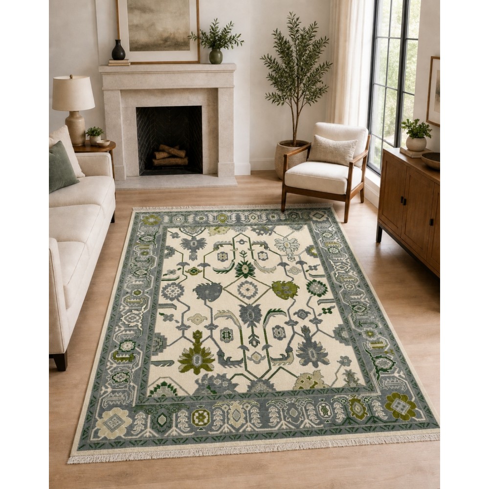 Hand-Knotted Large Area Rug for Home Decor, Oushak Green Floral Design Wool Carpet Hand-Knotted Large Area Rug for Home Decor, Oushak Green Floral Design Wool Carpet