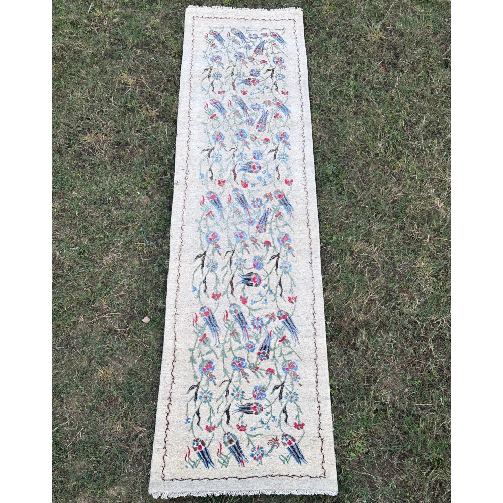 Hand-Knotted Silk Runner Rug for Hallway, Ivory Floral Vine Design Rug for Kitchen Hand-Knotted Silk Runner Rug for Hallway, Ivory Floral Vine Design Rug for Kitchen