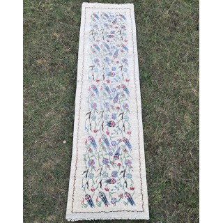 Hand-Knotted Silk Runner Rug for Hallway, Ivory Floral Vine Design Rug for Kitchen
