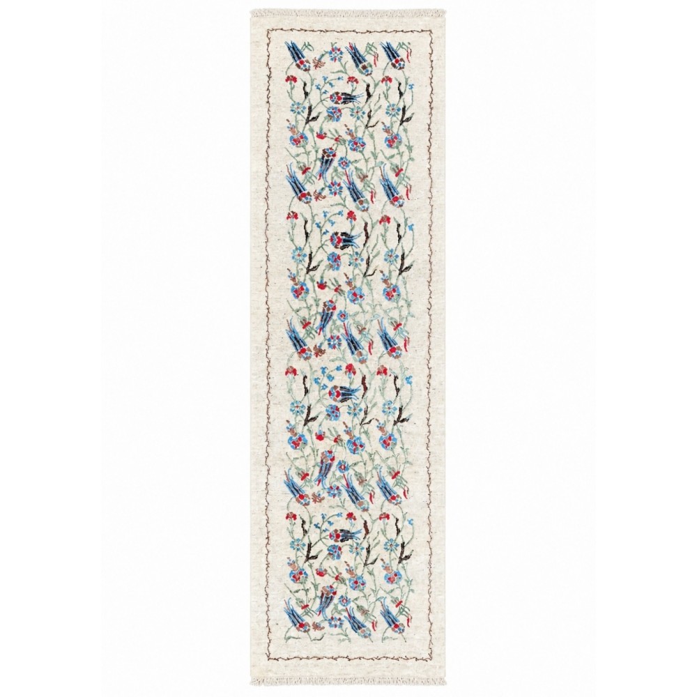 Hand-Knotted Silk Runner Rug for Hallway, Ivory Floral Vine Design Rug for Kitchen Hand-Knotted Silk Runner Rug for Hallway, Ivory Floral Vine Design Rug for Kitchen
