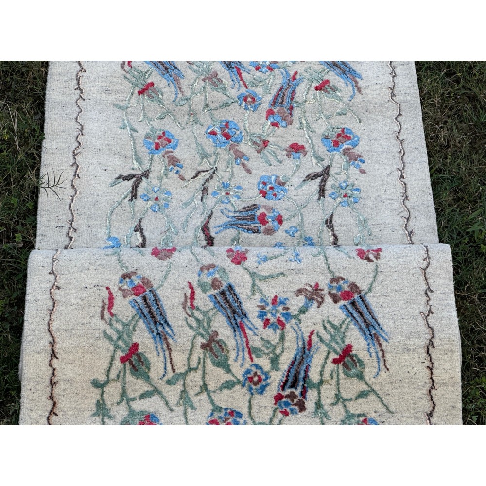 Hand-Knotted Silk Runner Rug for Hallway, Ivory Floral Vine Design Rug for Kitchen Hand-Knotted Silk Runner Rug for Hallway, Ivory Floral Vine Design Rug for Kitchen