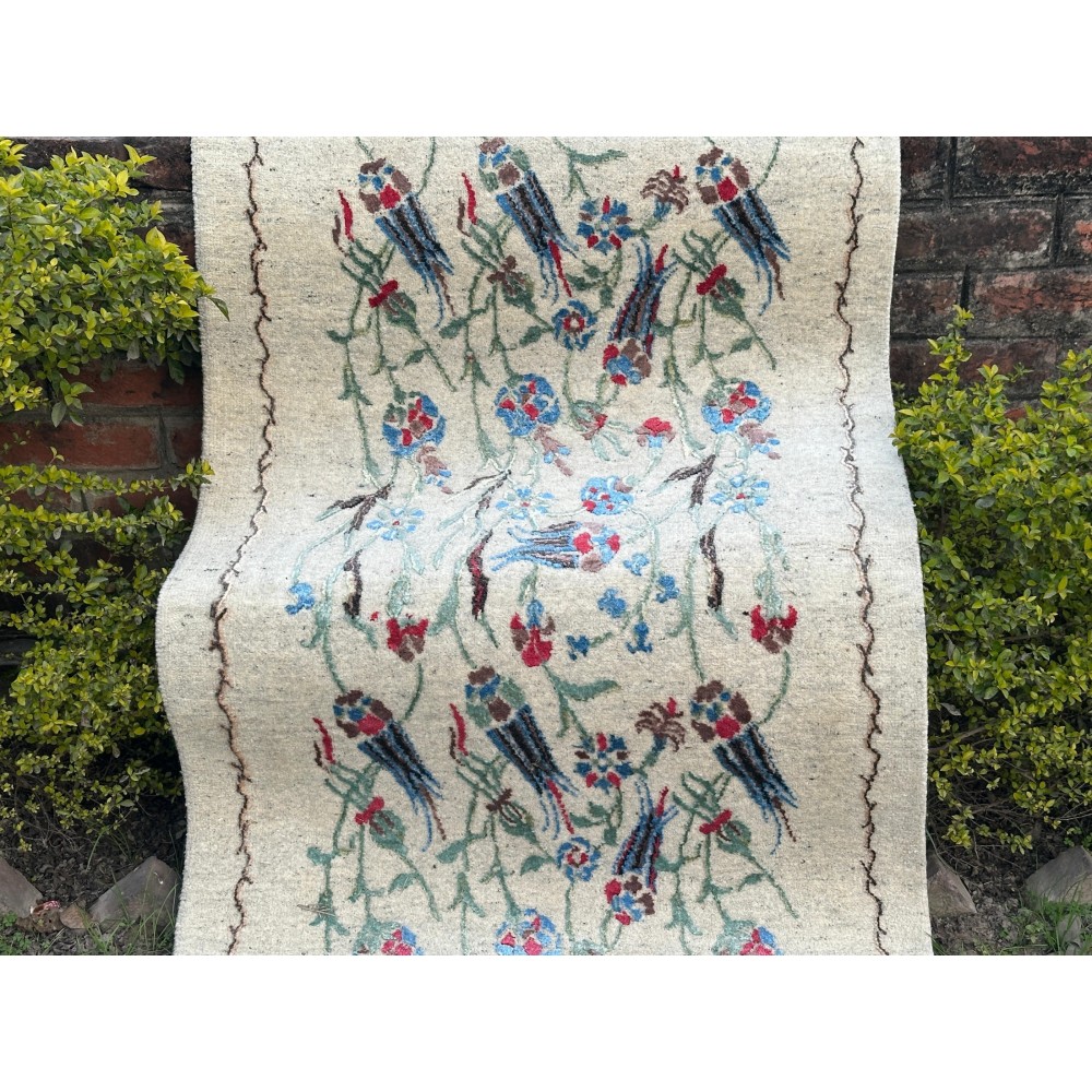 Hand-Knotted Silk Runner Rug for Hallway, Ivory Floral Vine Design Rug for Kitchen Hand-Knotted Silk Runner Rug for Hallway, Ivory Floral Vine Design Rug for Kitchen