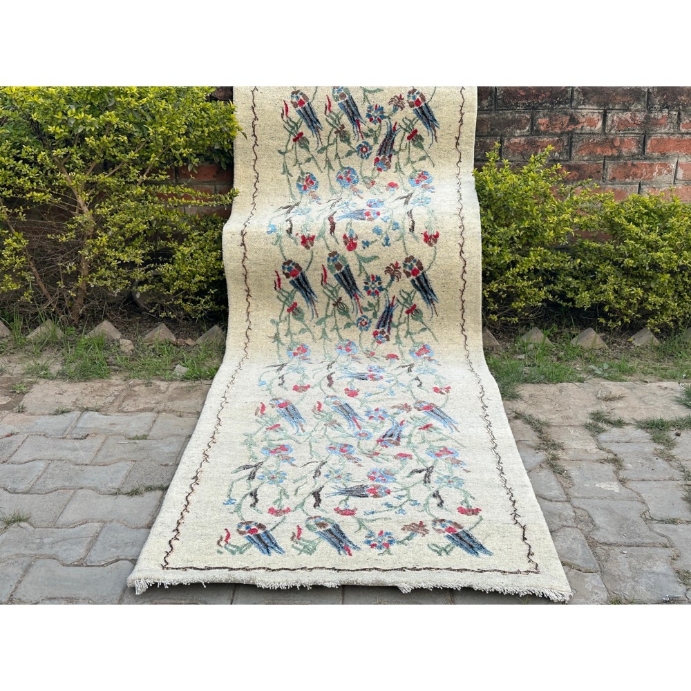 Hand-Knotted Silk Runner Rug for Hallway, Ivory Floral Vine Design Rug for Kitchen Hand-Knotted Silk Runner Rug for Hallway, Ivory Floral Vine Design Rug for Kitchen