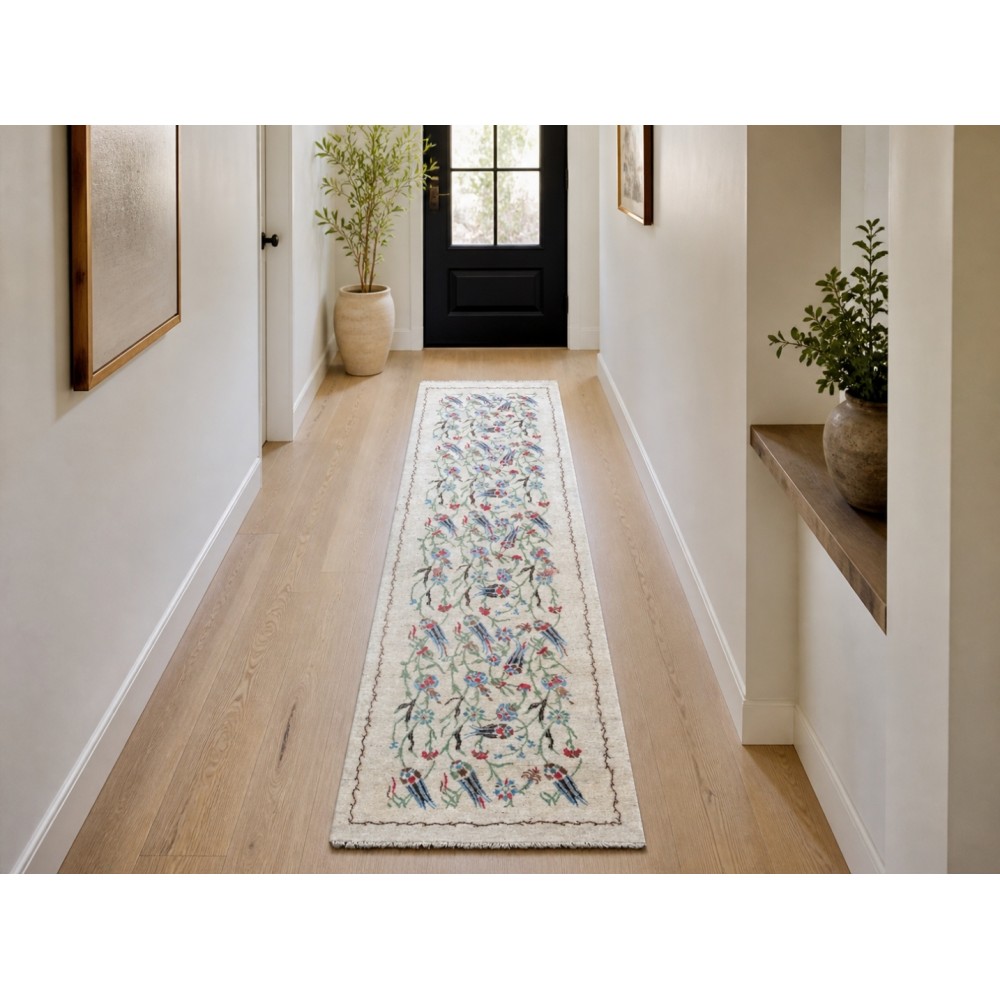 Hand-Knotted Silk Runner Rug for Hallway, Ivory Floral Vine Design Rug for Kitchen Hand-Knotted Silk Runner Rug for Hallway, Ivory Floral Vine Design Rug for Kitchen