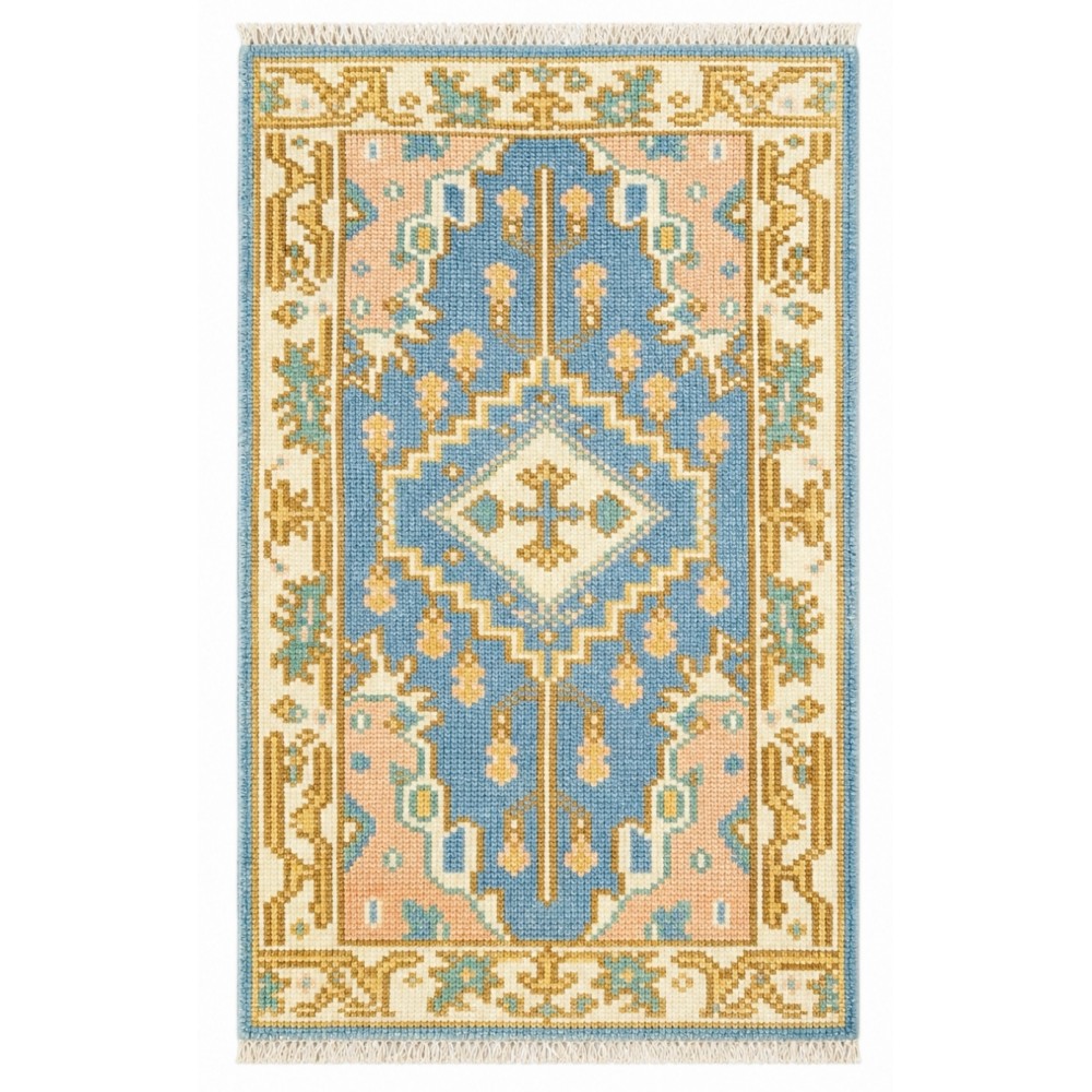 Hand-Knotted Oushak Wool Area Rug, Blue Medallion Design Accent Rug for Entryway Hand-Knotted Oushak Wool Area Rug, Blue Medallion Design Accent Rug for Entryway