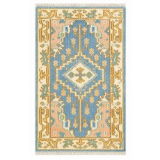 Hand-Knotted Oushak Wool Area Rug, Blue Medallion Design Accent Rug for Entryway