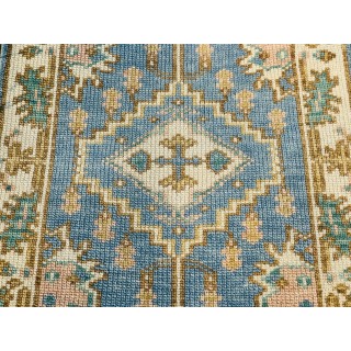 Hand-Knotted Oushak Wool Area Rug, Blue Medallion Design Accent Rug for Entryway