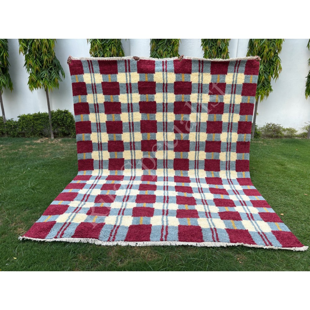 Contemporary Hand-Knotted 100% Wool Plaid Area Rug in Burgundy, Blue & Ivory Contemporary Hand-Knotted 100% Wool Plaid Area Rug in Burgundy, Blue & Ivory