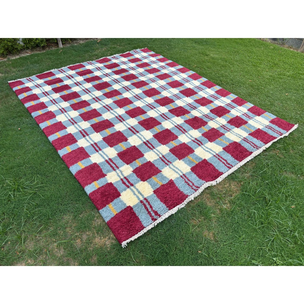 Contemporary Hand-Knotted 100% Wool Plaid Area Rug in Burgundy, Blue & Ivory Contemporary Hand-Knotted 100% Wool Plaid Area Rug in Burgundy, Blue & Ivory