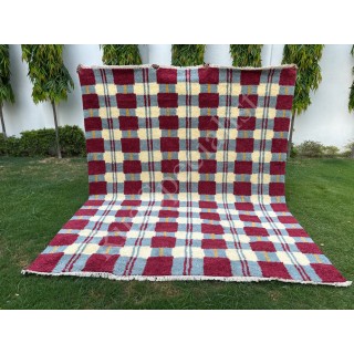 Contemporary Hand-Knotted 100% Wool Plaid Area Rug in Burgundy, Blue & Ivory