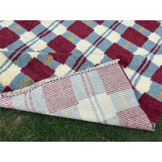Contemporary Hand-Knotted 100% Wool Plaid Area Rug in Burgundy, Blue & Ivory