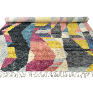 Hand-Knotted 100% Wool Abstract Geometric Area Rug. Colorful Contemporary Living Room Carpet
