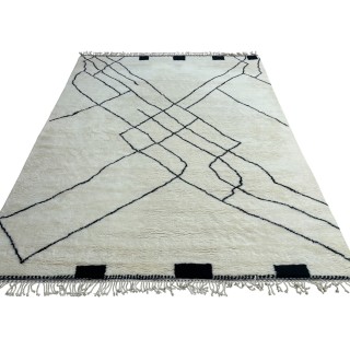 Handknotted Moroccan Beni Ourain Style 100% Wool Area Rug in Beige and Black. Modern Living Room Carpet