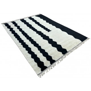 Modern Hand-Knotted 100% Wool Black & Ivory Striped Area Rug