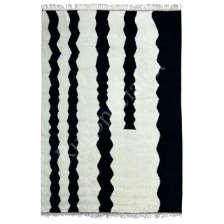 Modern Hand-Knotted 100% Wool Black & Ivory Striped Area Rug