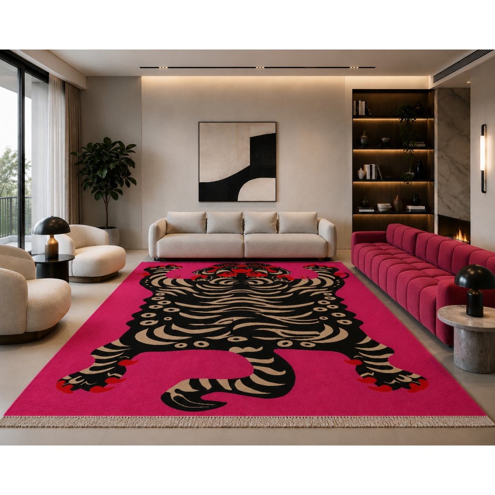 Contemporary Hand-Knotted 100% Wool Tiger Area Rug in Pink Contemporary Hand-Knotted 100% Wool Tiger Area Rug in Pink