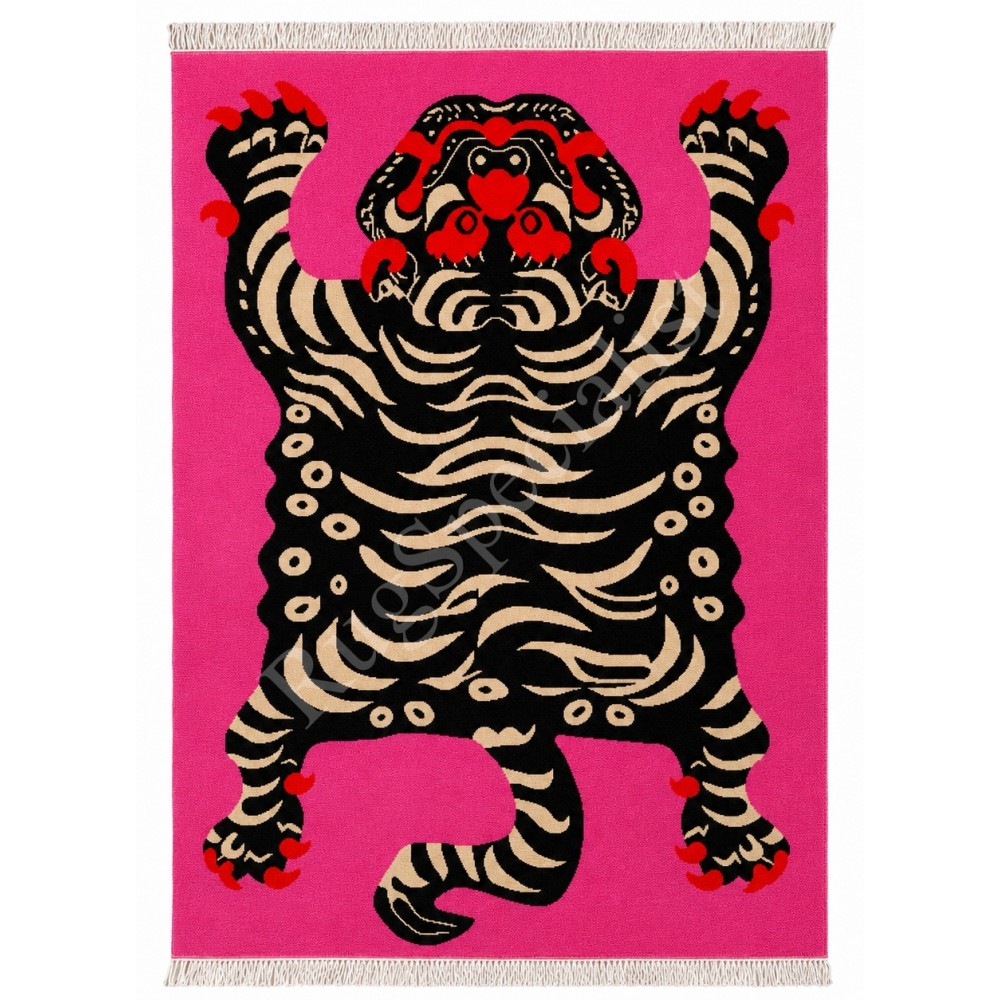 Contemporary Hand-Knotted 100% Wool Tiger Area Rug in Pink Contemporary Hand-Knotted 100% Wool Tiger Area Rug in Pink