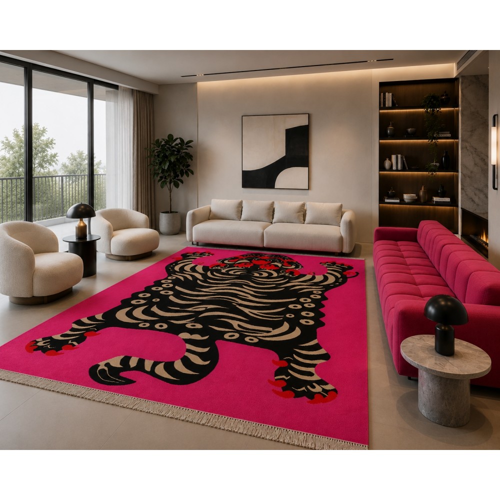 Contemporary Hand-Knotted 100% Wool Tiger Area Rug in Pink Contemporary Hand-Knotted 100% Wool Tiger Area Rug in Pink